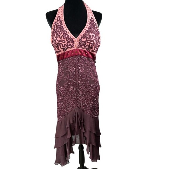 Vtg Sue Wong Silk Cocktail Dress Size 10 Beaded Halter Mermaid Tiered Romantic - Picture 1 of 16